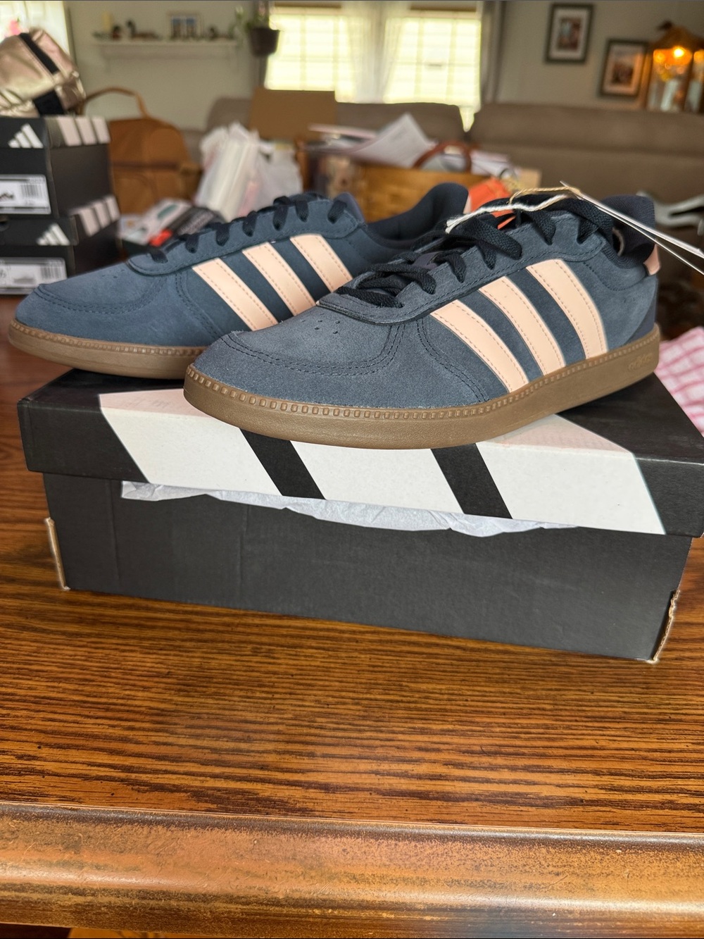 adidas Woman’s Navy Suede Sneakers with Pink Stripes Breaknet Sleek